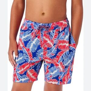 Members Mark Blue and red swim trunks with a fun print